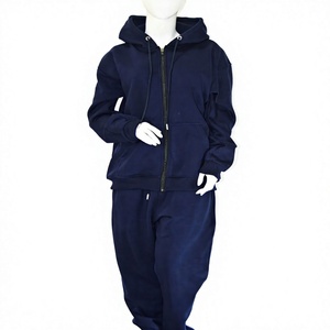 Ensemble de survêtement unisexe bleu marine à capuche avec cordon de serrage, respirant, séchage rapide, couleur unie, en coton biologique, pour adulte - Product Image 1