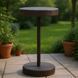 Table de bar ronde en rotin brun, hauteur comptoir, base sur piédestal, mobilier de jardin extérieur, design élégant et moderne - Product Image 2