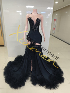 Abito da sera formale Ocstrade fatto <span class=keywords><strong>a</strong></span> mano <span class=keywords><strong>con</strong></span> decorazioni floreali 3D, nero, stile <span class=keywords><strong>sirena</strong></span>, <span class=keywords><strong>con</strong></span> strass, <span class=keywords><strong>spacco</strong></span> alto, tulle soffice e strascico <span class=keywords><strong>a</strong></span> balze, ideale per balli e serate di gala - Product Image 3
