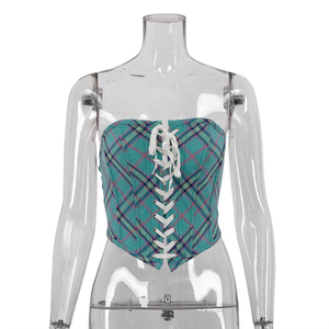 Nuovo arrivo alla moda primavera 2025 donna abbigliamento due pezzi in cotone Plaid a fascia di cotone <span class=keywords><strong>corsetto</strong></span> Crop Shirt e tubo Top Set - Product Image 5