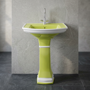 Lavabo Cuadrado Tradicional de Cerámica Blanca con Pedestal Completo y Diseño Dorado Impreso, Juego de Lavabo para Baño - Product Image 5