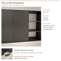 Meuble de cuisine contemporain en mélaminé, configuration en croix, avec portes à panneaux noirs, poignées intégrées et boîtes en panneaux de mélaminé