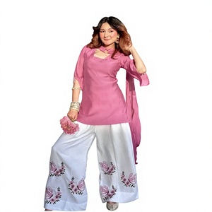 Pink Cotton <b>Kurta</b> With White Palazzo Pants Embroidered Butterflies Loose Fit Traditional <b>Indian</b> Pakistani Women's Casual Set - Product Image 1