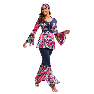 Women 70s Retro Hippie Disco <b>Dance</b> Costume Bohemian Flared Sleeve Skirt Outfit High Waist Breathable Party Jumpsuit - Product Image 4