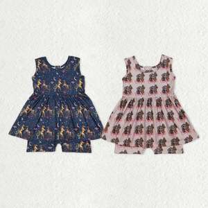 Conjunto de vestido sin mangas con estampado de caballos para niñas pequeñas, conjunto de pantalones cortos, traje para niños de estilo occidental - Product Image 1
