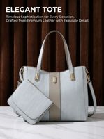 Set Tas Tote 2-in-1 Wanita Custom Logo Grosir - Tas Tangan Kulit PU Gelap dengan Tali Kontras Beige & Kantong Resleting Senada
