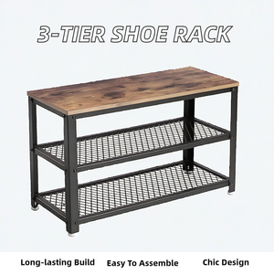 Sheeraz International Industrial Wood Top Iron <b>Shoe</b> Rack 3 Wire Shelves 12-13 Pair Capacity for Living Room Entryway <b>Storage</b> - Product Image 2