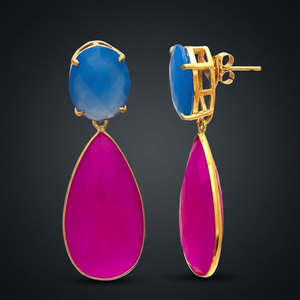 Nouveauté : Ensemble de boucles d'oreilles en or plaqué avec pierres de Chalcedoine rose et bleue pour femmes par Jaipur Gems, pour mariage et fiançailles - Product Image 2