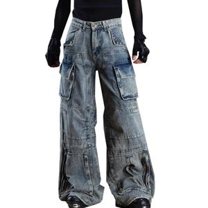 Jeans cargo vintage déstructurés en patchwork, coupe ample, style streetwear, multi-poches, délavés, pour hommes - Product Image 1