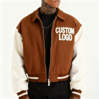 Blouson Bomber XJYD personnalisé en usine avec logo brodé en chenille, col montant, style Hip Hop, en laine polaire et manches en cuir pour homme