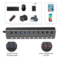 Alimentation 12V3A USB 3.0 5 Gbps Transfert de données Charge rapide Répartiteur USB 10 ports Hub 10-en-1 en alliage d'aluminium en stock