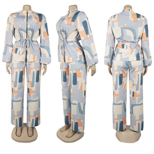 Elegant Commuting Stand Collar Printed Drawstring Waist Long-sleeve Women's Two-piece <b>Pants</b> Set Fashion - Product Image 5