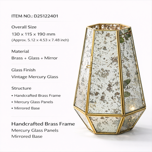 Glass Home Decor Antique Mirror Vintage Brass Metal Mercury Glass Pillar <strong>Candle</strong> Lantern Geometric Tabletop Lantern - Product Image 2