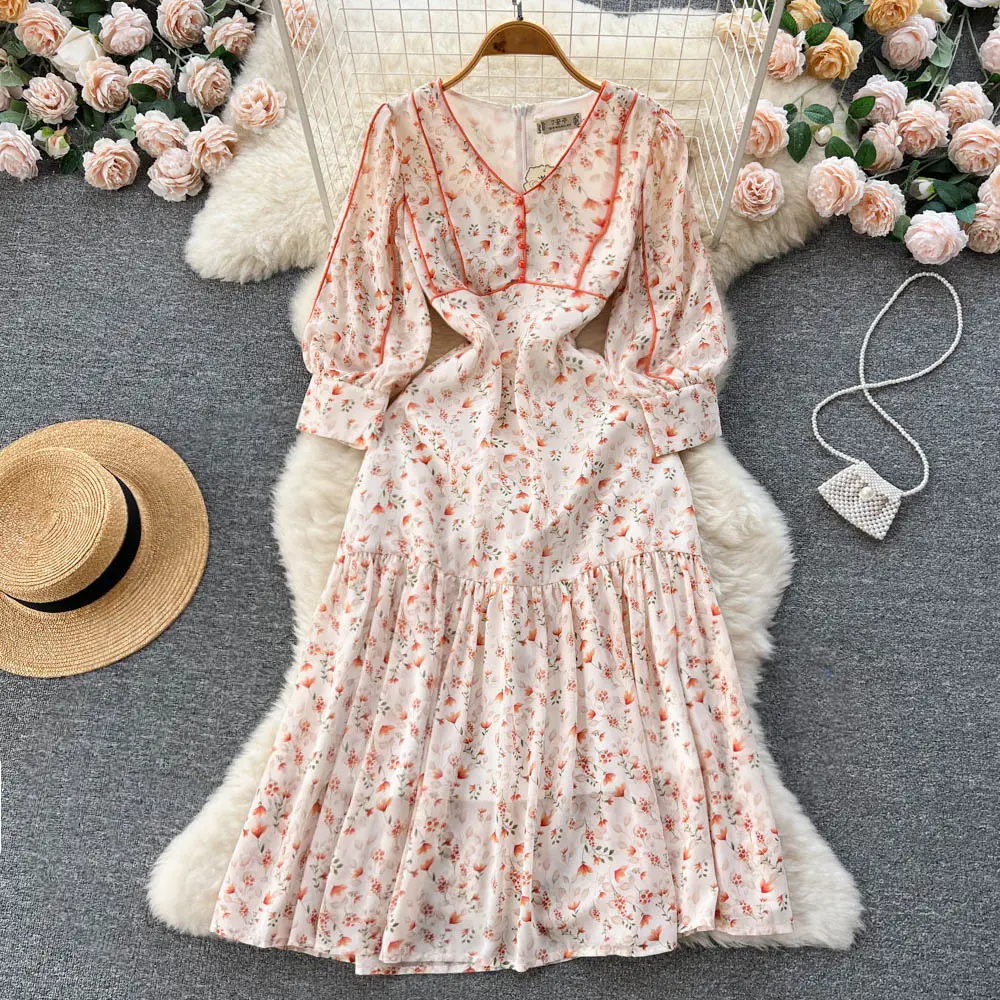 Vestido de festa feminino, vestido de estampa floral com botões decote em v meia mangas soltas vestido de férias elegante para primavera
