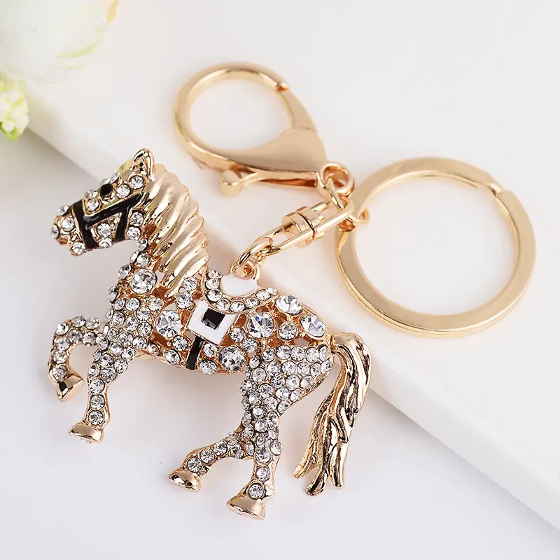 Kim loại sáng Tạo Kim Cương Trung Quốc hoàng đạo ngựa vòng chìa khóa Bling Rhinestone pha lê 3D NGỰA Keychain