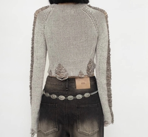 Bộ đồ nữ thời trang mùa xuân hè hai mảnh phong cách đường phố, áo len đan móc lỗ và quần short PU, bộ đồ hai mảnh nữ - Product Image 2