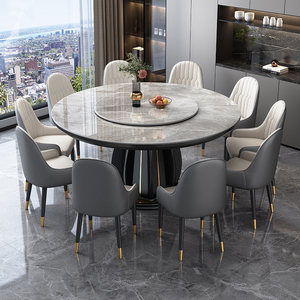 Table à manger ronde design avec plateau en pierre durable et base en bois avec accent en acier <span class=keywords><strong>plaqué</strong></span> or pour un mobilier de maison moderne - Product Image 3