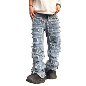 Pantalones vaqueros ajustados rasgados apilados para hombre, Jeans de alta calidad hechos a medida de fábrica China, estilo urbano
