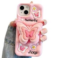 Étui de téléphone élégant et coloré en silicone rétractable avec support pour iPhone 16, motif papillon 3D en relief violet et rose