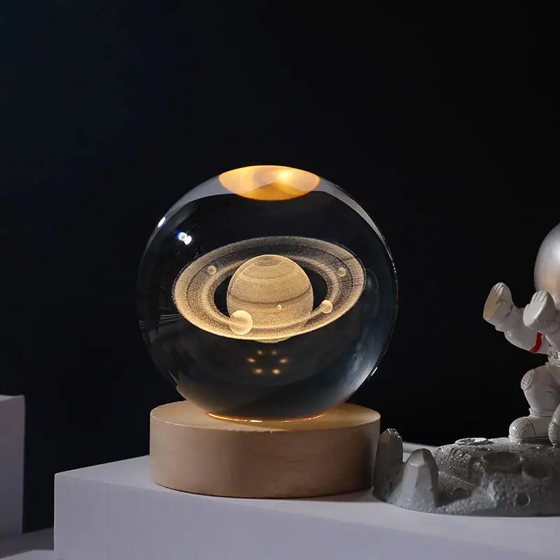 Vofull - Lâmpada de madeira 3D para decoração de casas, bola de cristal luminosa, sistema solar com luzes noturnas, decoração de mesa e casa, arte 3D de madeira