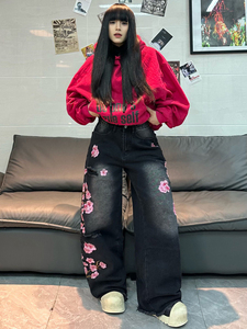 Jean déchiré pour <span class=keywords><strong>femme</strong></span> style urbain avec broderie Sakura, extensible, délavé, coupe droite, en denim, <span class=keywords><strong>pantalon</strong></span> baggy pour <span class=keywords><strong>femme</strong></span> - Product Image 4