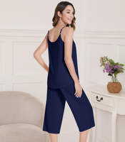Pyjama d'été 2 pièces en viscose de bambou uni, prêt à expédier, pour femme, avec débardeur à poches et pantalon capri, respirant et doux