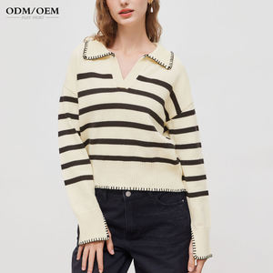 Suéter de Punto para Mujer, Diseño a Rayas, Cuello Golf, Manga Larga, Cuello en V, Estilo Casual y Moderno - Product Image 1