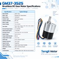 Moteur à courant continu sans balais à engrenages Tengli GM37-3525 12V 24V à vitesse variable avec retour de signal pulsé pour l'automatisation des dispositifs médicaux