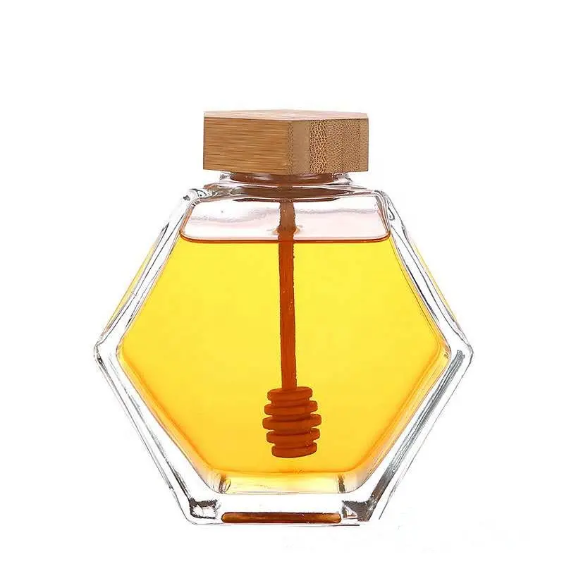 Jarra de mel de vidro com tampa de madeira, frascos de vidro para mel