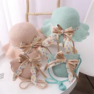 Mới Đến Trẻ Em Mùa Hè Mũ Rơm Kem Chống Nắng Công Chúa Hat Túi Đặt Hoa In Bow Ribbon Bãi Biển Sunhat Mặt Trời Visor Girn