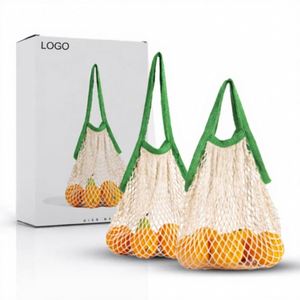 Sacs réutilisables en filet de coton de qualité supérieure avec logo personnalisé, poignées longues, pour courses, fruits et légumes - Product Image 1