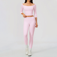Ensemble de yoga 2 pièces pour femme, haut court à épaules dénudées et manches 3/4, leggings taille haute, logo personnalisé, tenue de sport, survêtement OEM