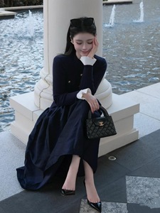 <span class=keywords><strong>Abito</strong></span> a Linea A di Alta Qualità per Donna, <span class=keywords><strong>Blu</strong></span> Scuro, Lavorato a <span class=keywords><strong>Maglia</strong></span> con Patchwork, Collo Tondo, Maniche Lunghe, per Autunno e Inverno - Product Image 3