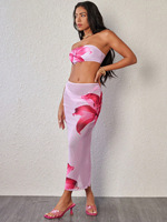 Trajes de Baño de 3 Piezas para Mujer con Logotipo Personalizado del Fabricante, Conjunto de Bikini con Estampado Floral, Top Bandeau y Falda de Playa Transparente 2026
