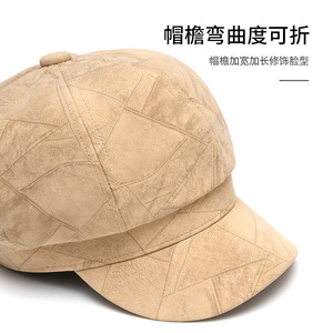 Casquette de rue tendance pour femme, automne-hiver, style britannique, octogonale, en PU rayé, style journaliste, nouvelle casquette à large bord, beret tendance - Product Image 3
