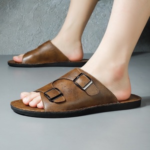 Adjustable Metal Buckle Casual Sandals Suitable Beach Trips Black Pu Slide Sandals <b>Soft</b> Sole Daily <b>Shoes</b> Men Summer Slip On - Product Image 2