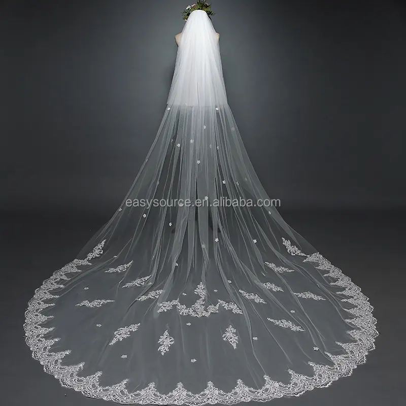 YM59 Flower Lace Edge Appliques Veil 2 Tier Long Cathedral Veil with Comb Wedding Bride Accessories
