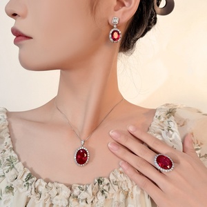 High Quality Eco-friendly Copper Oval Cut 15*20mm Red Cubic Zirconia Wedding Bridal Necklace <b>Earrings</b> Rings 3Pcs Jewelry <b>Set</b> - Product Image 6