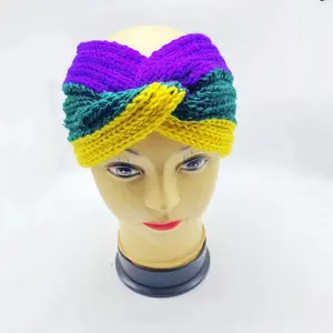 2023 Fashion Mardi Gras Women Wool Knitted Hair Band Factory Custom Holiday Carnival Party Hair Band Cross Hair Band