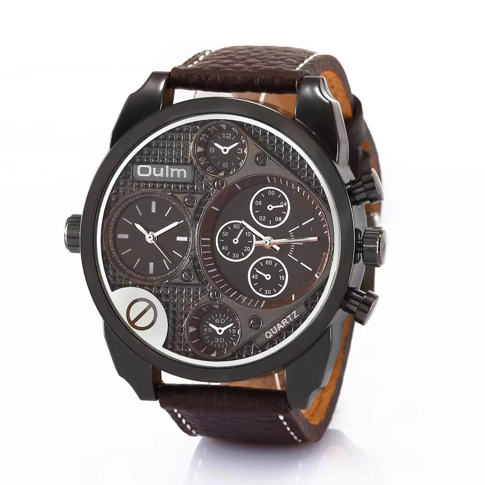 OULM 9316 Vintage Style Triple Time Zone Wristwatch for Men
