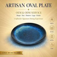 Assiette ovale en mélamine OEM ODM 13 pouces, plat de service pour poisson entier et steak, sans BPA, anti-chute, finition bleue, pour banquets de mariage