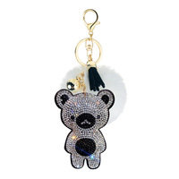 Joli porte-clés pour femme, breloque de sac multicolore en peluche, pompon et ours en peluche orné de cristaux