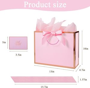 Bolsa de Regalo Rosa con Cinta y Asa, Tarjeta de Felicitación, Papel de Seda, Marco Dorado Rosa para Niñas, Compromisos Nupciales, Cualquier Ocasión - Product Image 3