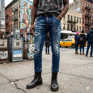 <span class=keywords><strong>Jeans</strong></span> Vintage da <span class=keywords><strong>Uomo</strong></span> <span class=keywords><strong>Slim</strong></span> Fit a <span class=keywords><strong>Vita</strong></span> <span class=keywords><strong>Bassa</strong></span> con Effetto Stropicciato e Distressed, Set in Denim Lavabile in Cotone e Spandex per Streetwear - Product Image 3