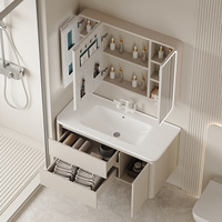 Meuble de salle de bain mural de luxe 60 cm couleur noyer, style médiéval, avec double tiroir, vasque en céramique intégrée, miroir et structure en aluminium