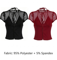 Haut court rouge moulant d'été en maille transparente de spandex et dentelle, sexy, élégant, pour club, avec manches courtes, fermetures à agrafes et dos complexe à multiples bretelles