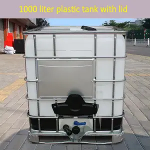 Tangki air plastik HDPE 1000L, wadah penyimpanan bahan kimia IBC, ember air persegi dengan bingkai besi