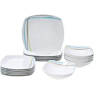 Conjunto de jantar para placas quadradas, 18 peças, pratos quadrados, louças de cerâmica branca, tigelas e placas