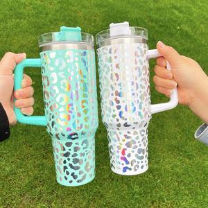 Double Walled Stainless Steel Leopard Handled 40Oz Tumbler Print <b>Large</b> Coffee <b>Mug</b> With Handle Iridescent Water Bottle - Product Image 4