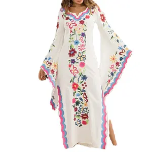 Bloemen Art Vlinder Mouwen Levendige Hand Geborduurde Jurk Zomer Strand Exclusieve Kaftan Jurk Kimono Mouwen Maxi Boho Jurk